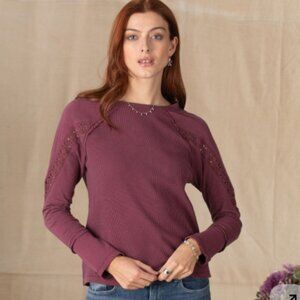 Sundance Liliya Mixed Media Long Sleeve Tee NWT in Burgundy XS